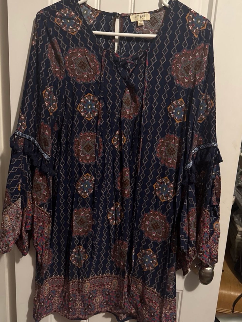 Umgee Navy Boho Medallion Tie-Front Tunic